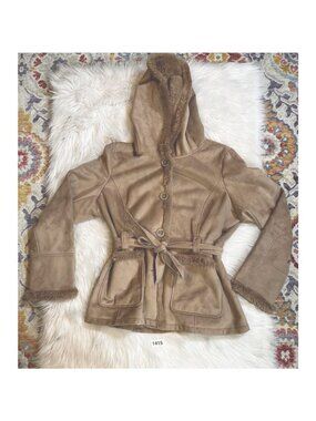 Jones New York Womens Jacket Coat XL Brown Buttons Hooded Faux Fur Trim V Neck